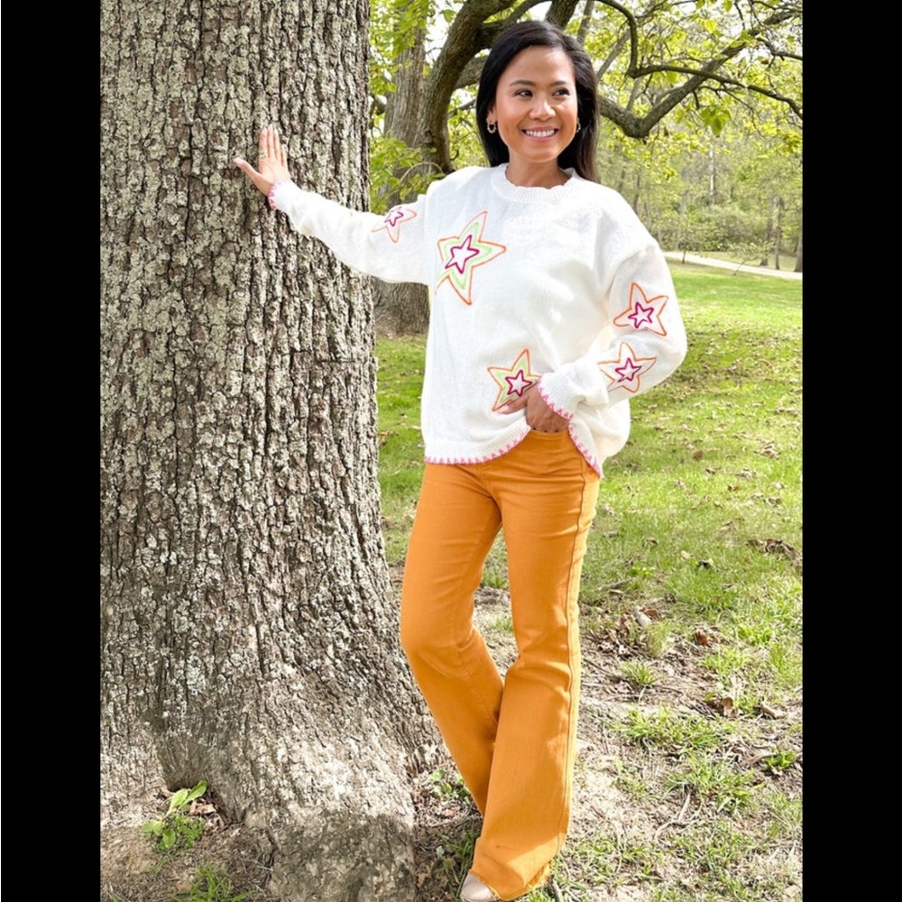BiBi top BIBI sweater lightweight Sweater with Pink and Orange Stars star NEW